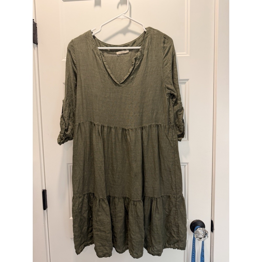Francesca Bettini Womens M Olive Green 100% Linen Tiered Midi Dress Italy